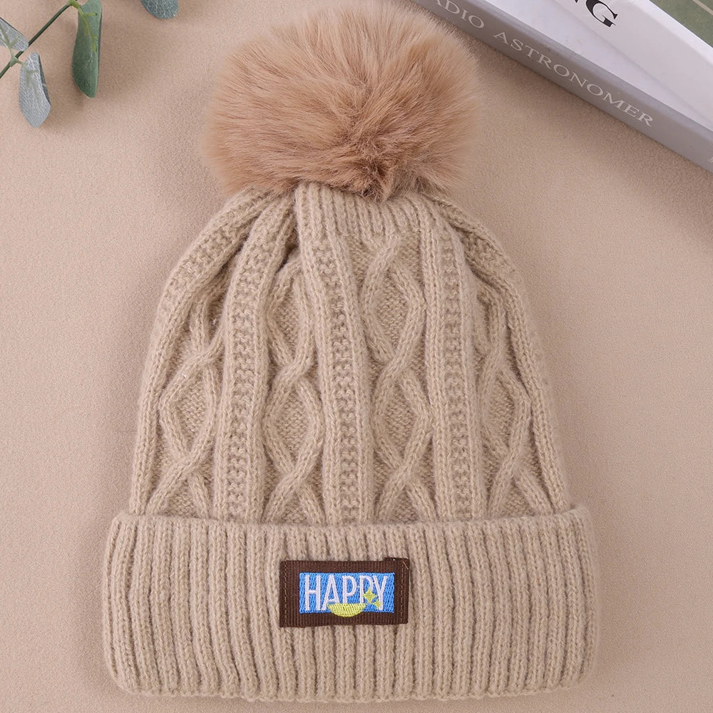 Winter Fur Pom Knitted Beanies Hat Female Plush