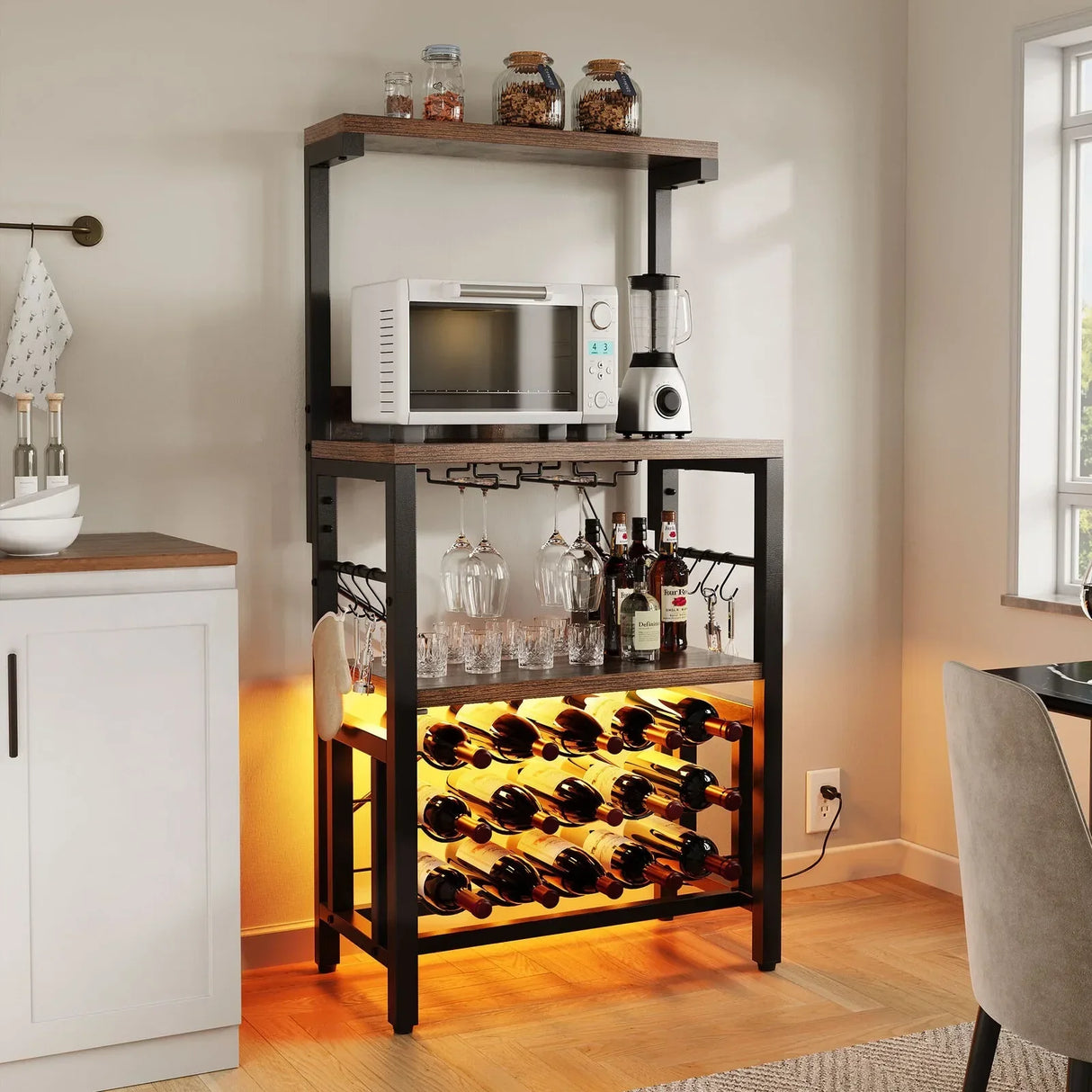 Kitchen Island with Storage, Bakers Rack with Power