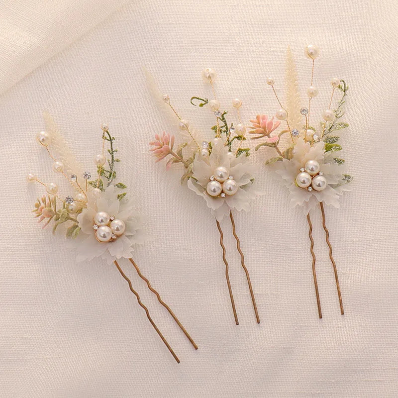 3PCS Flower Hairpin Bride Headdress For Women Pearl