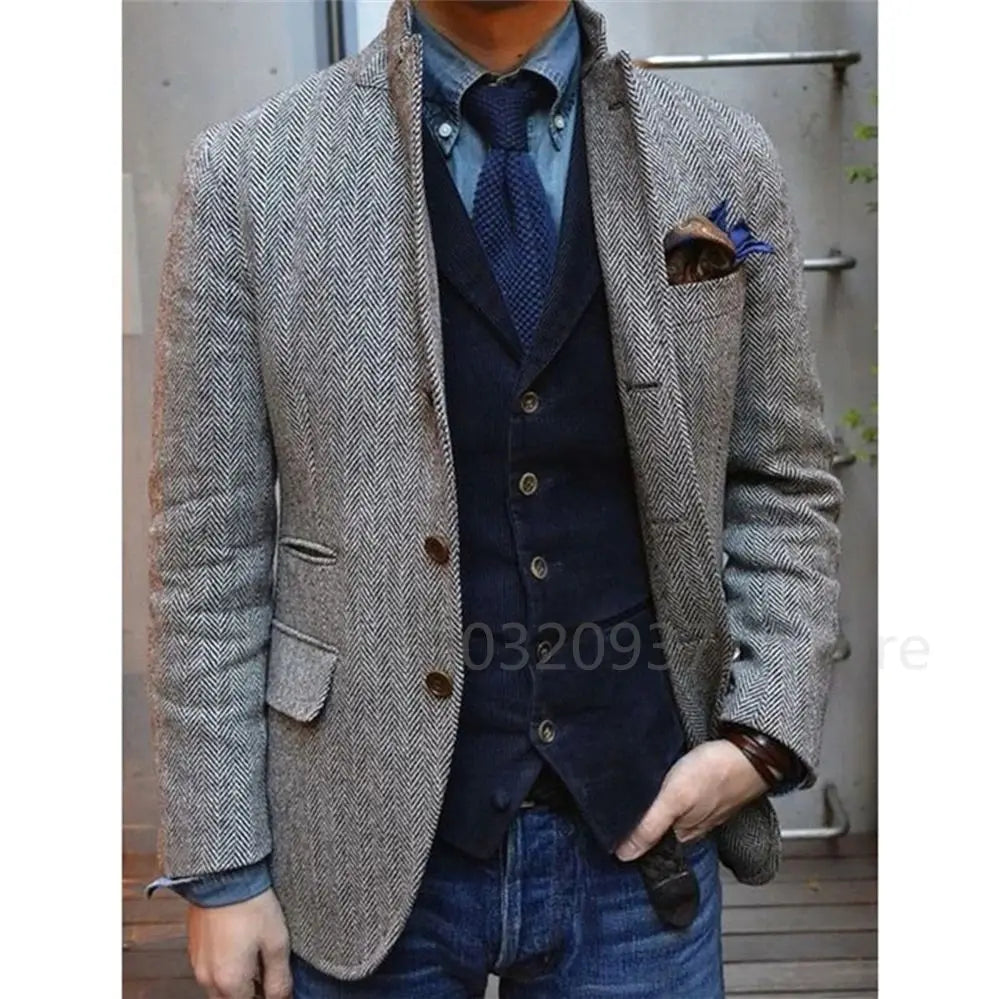 Men's Suit Brown Herringbone Blazer Prom Tuxedos Wool