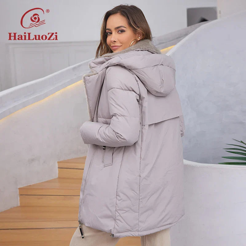 HaiLuoZi 2023 New Women's Jacket Short Warm Hooded