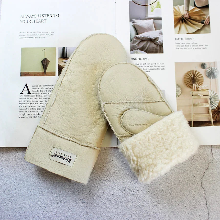 Sheepskin Fur Mittens Women's Leather Wool Color Winter