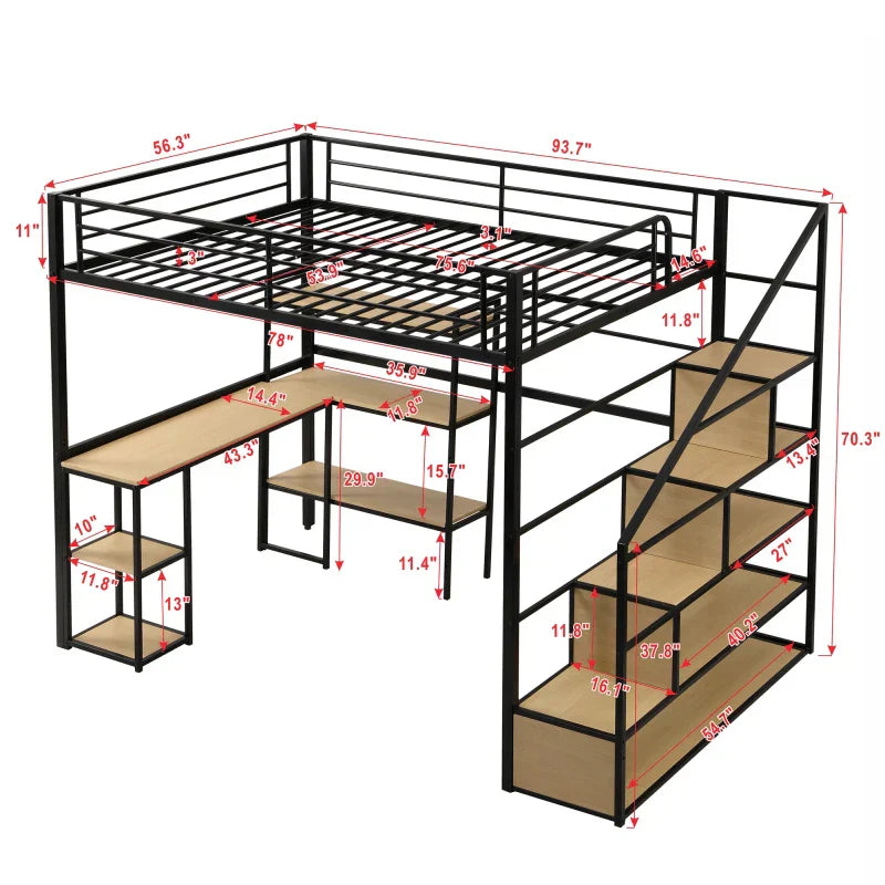 Full Size Metal Loft bed with Staircase, Built-in Desk and Shelves,Bedroom practical single bed for children, bunk bed for teen