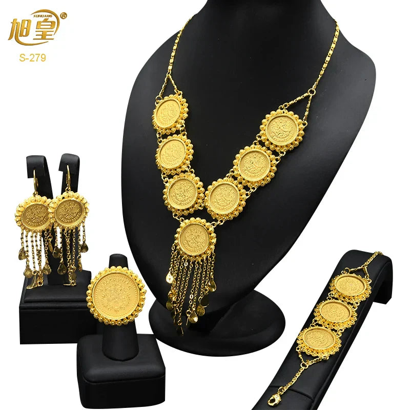 African 24K Gold Color Coins Necklace Bracelet Sets