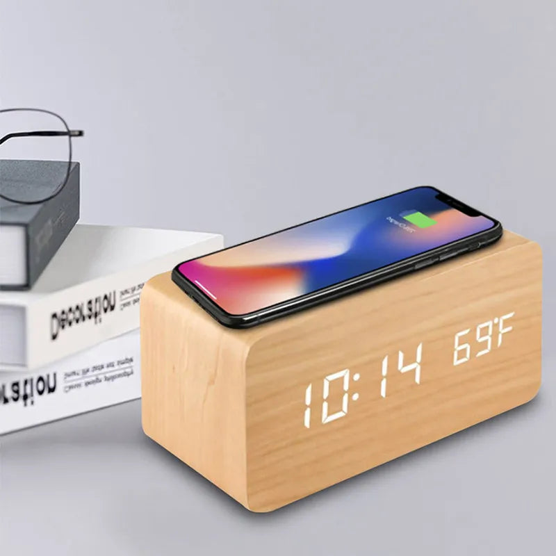 Wooden Digital Alarm Clock with Wireless Charging, LED