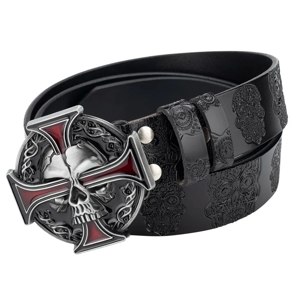 Skull Leather Belt Embossed Pattern Cowskin Fashion Buckle