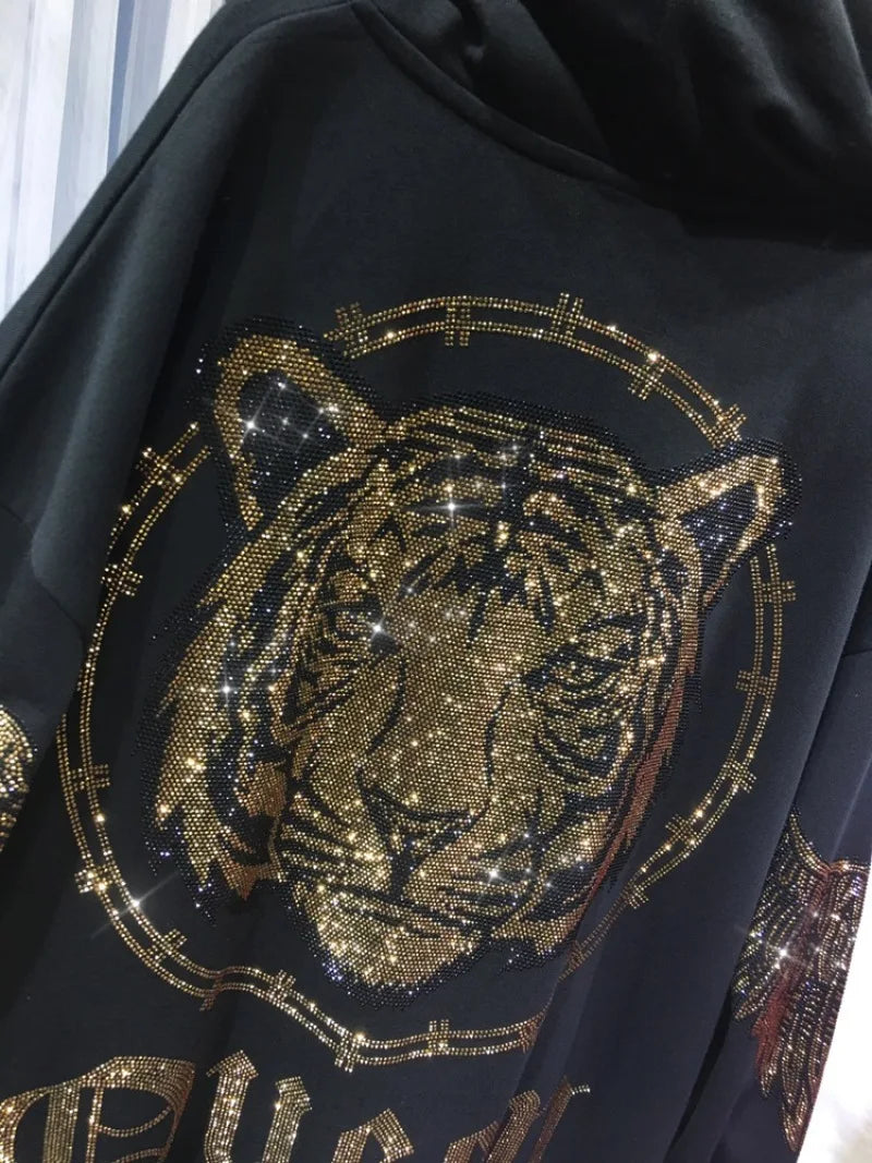 Plus Size Women Clothing Rhinestones Zip Up Hoodies