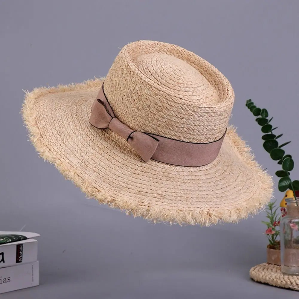 Wide Brim Sun Hats Fashion Flat Top Bowknot