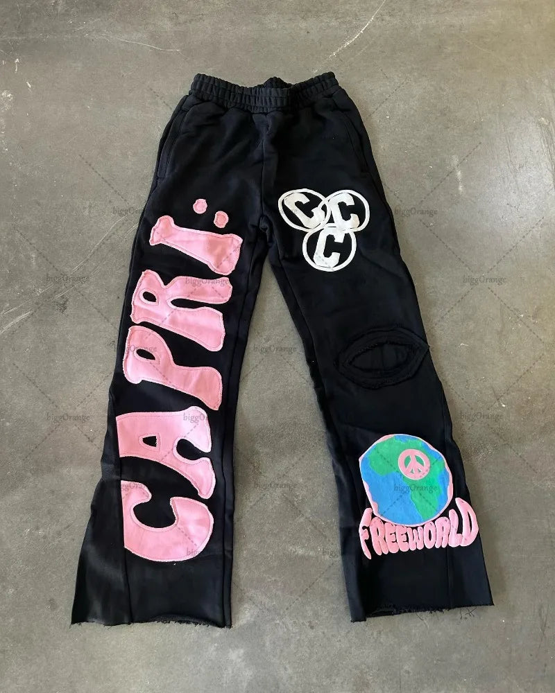 American Street Hip-hop Embroidered Wide-leg Pants Men High