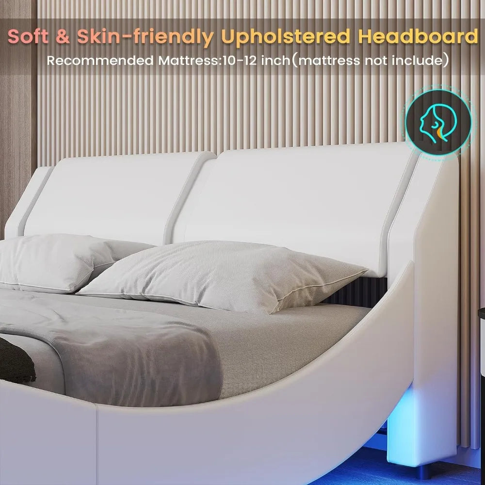 Bed Frame, Large with Headboard, Modern Upholstered Platform,