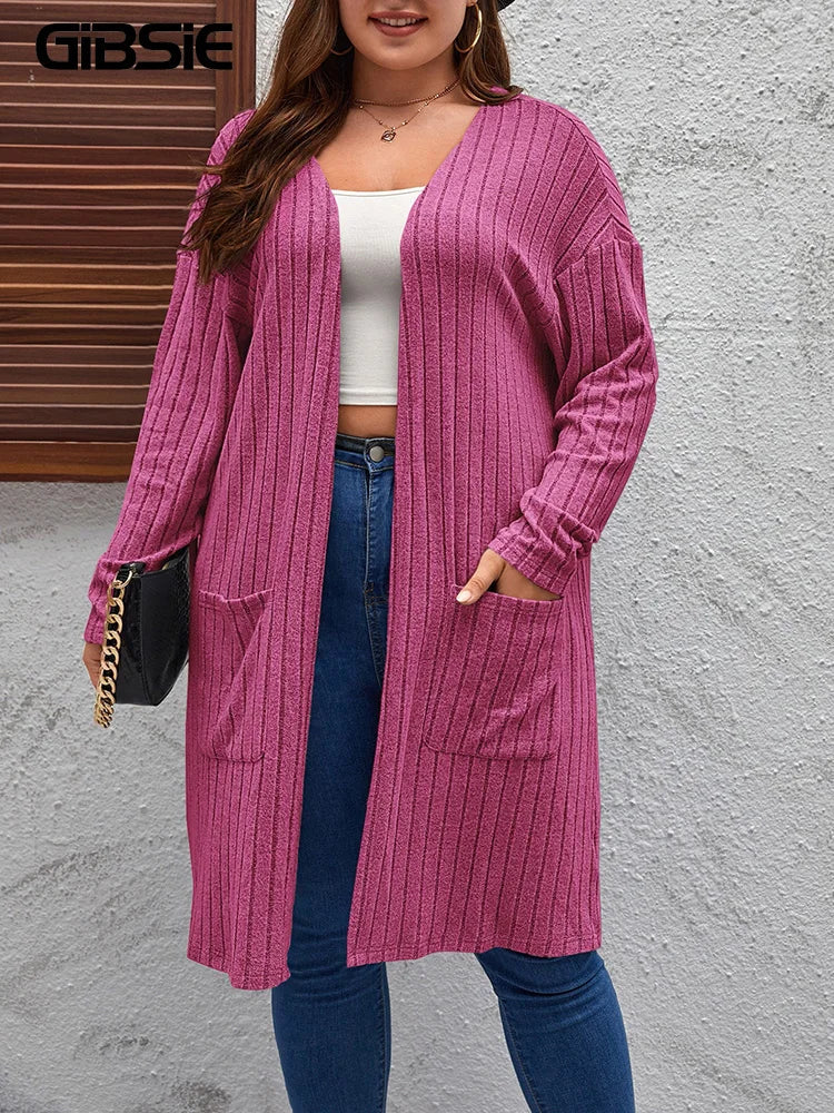 GIBSIE Plus Size Solid Rib Knit Open Front