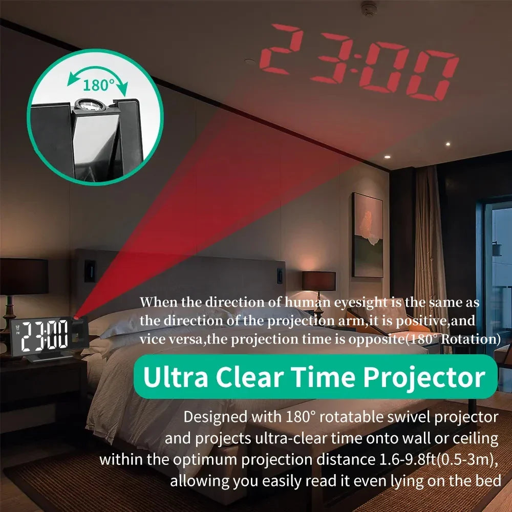 180° Arm Projection Alarm Clock - Digital Time & Temperature, Snooze Function, 12/24H USB LED Clock