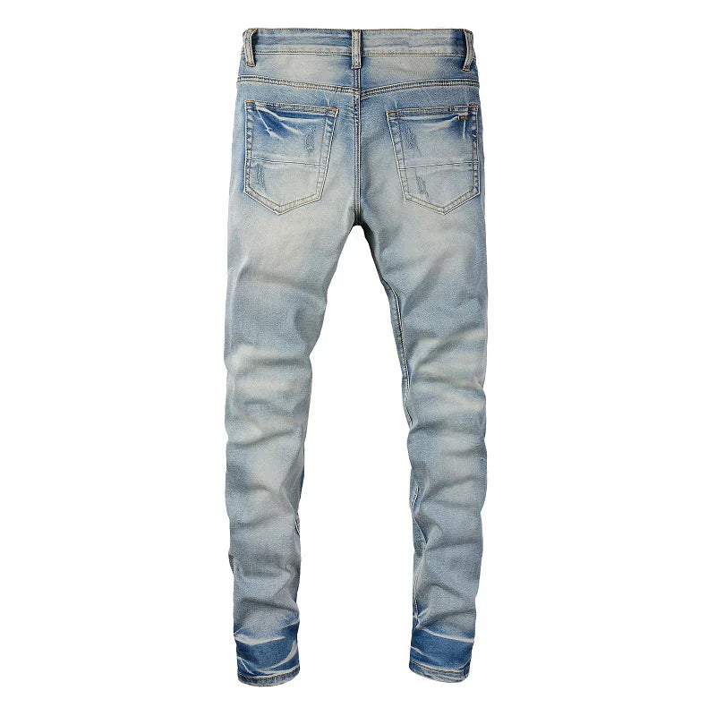 Men Cracked Leather Pleated Patch Biker Jeans Streetwear