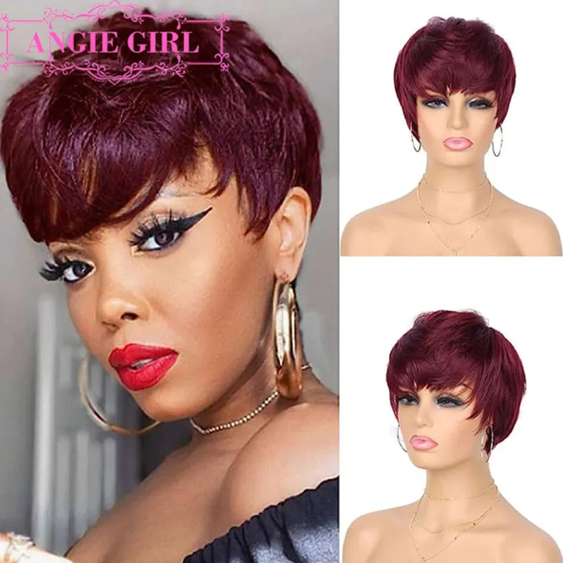 99J Burgundy Short Pixie Cut Wigs with Bangs
