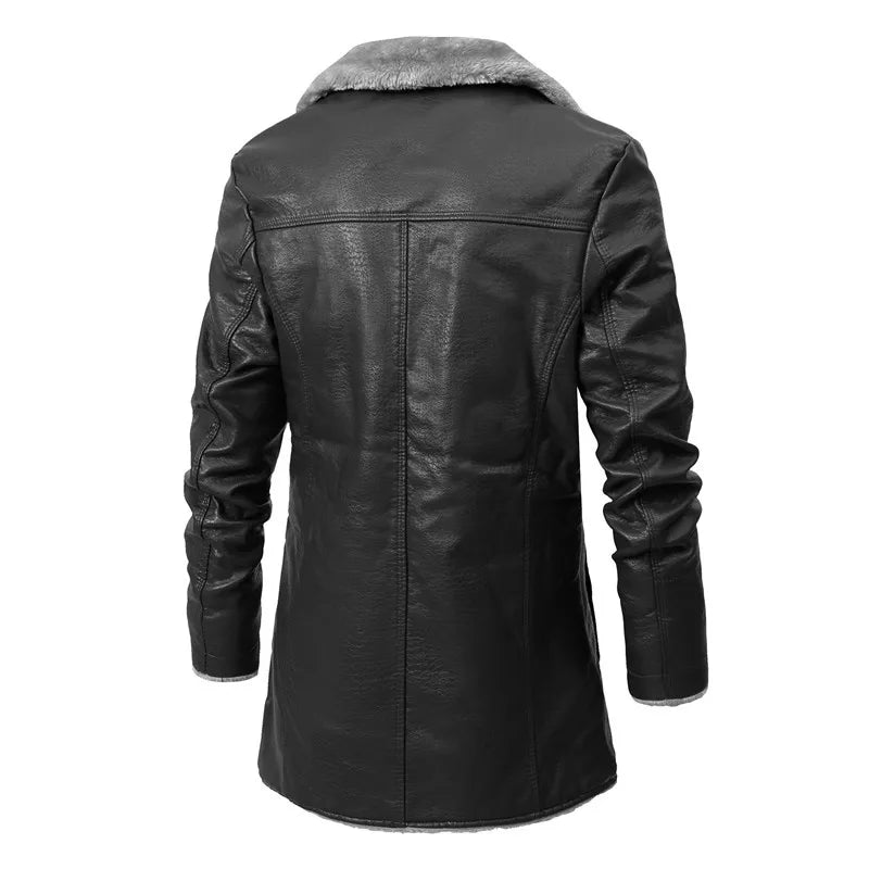 Men Winter Long Thick Fleece PU Leather Jacket
