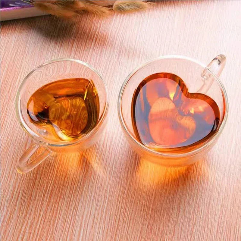 Heart Love Shape Glass Coffee Mug Cup Double