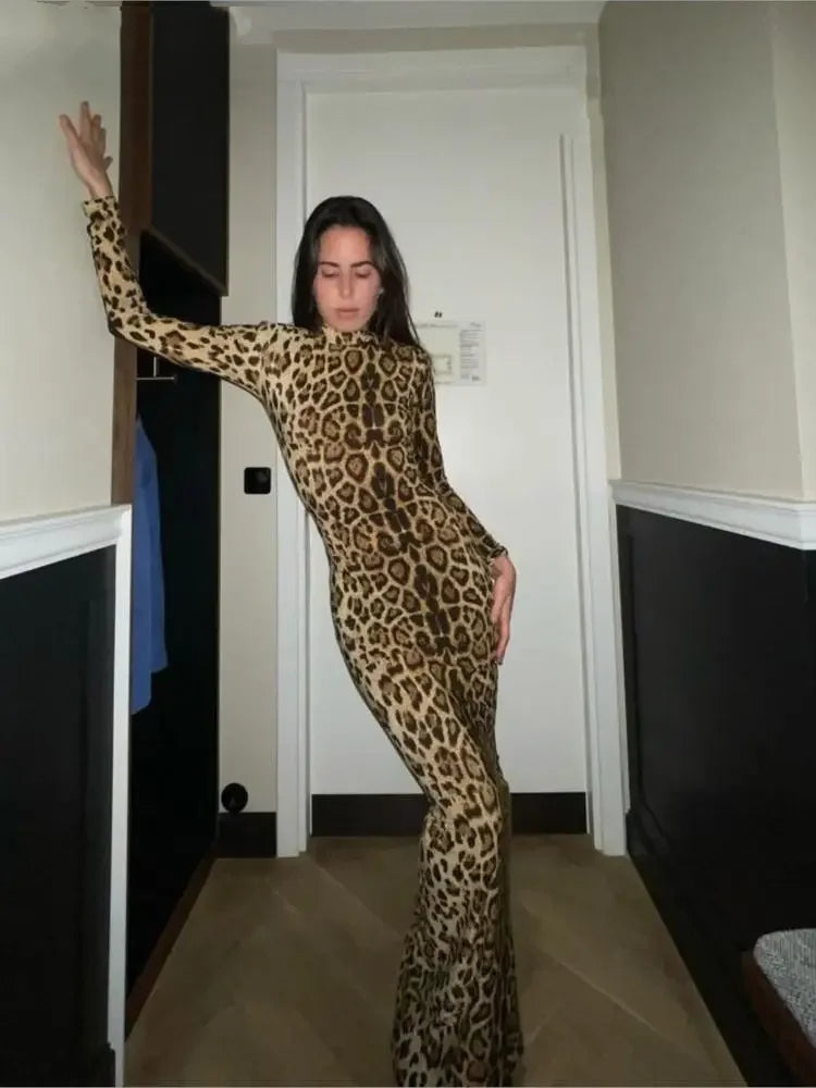 Sexy Leopard Print Dress Women Long Sleeve Turtleneck