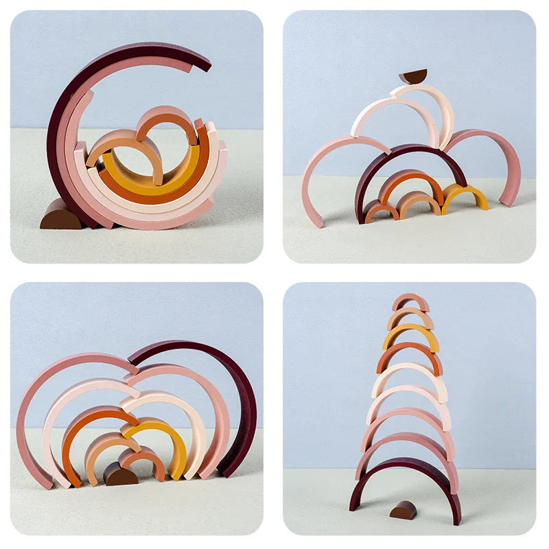 Arched Wooden Rainbow Building Blocks Kids Montessori Games