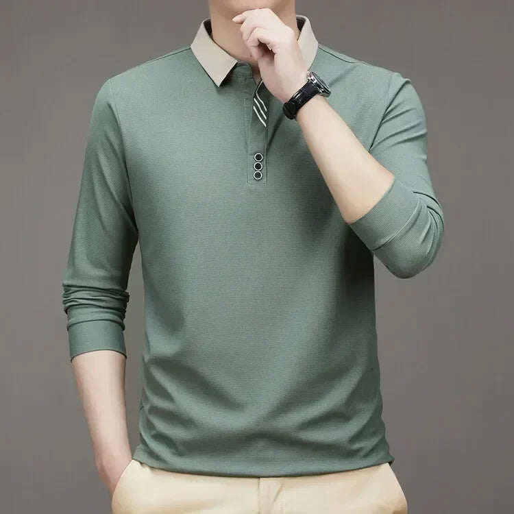 Men's Long Sleeve Turn-down Collar Waffle T-shirt Business