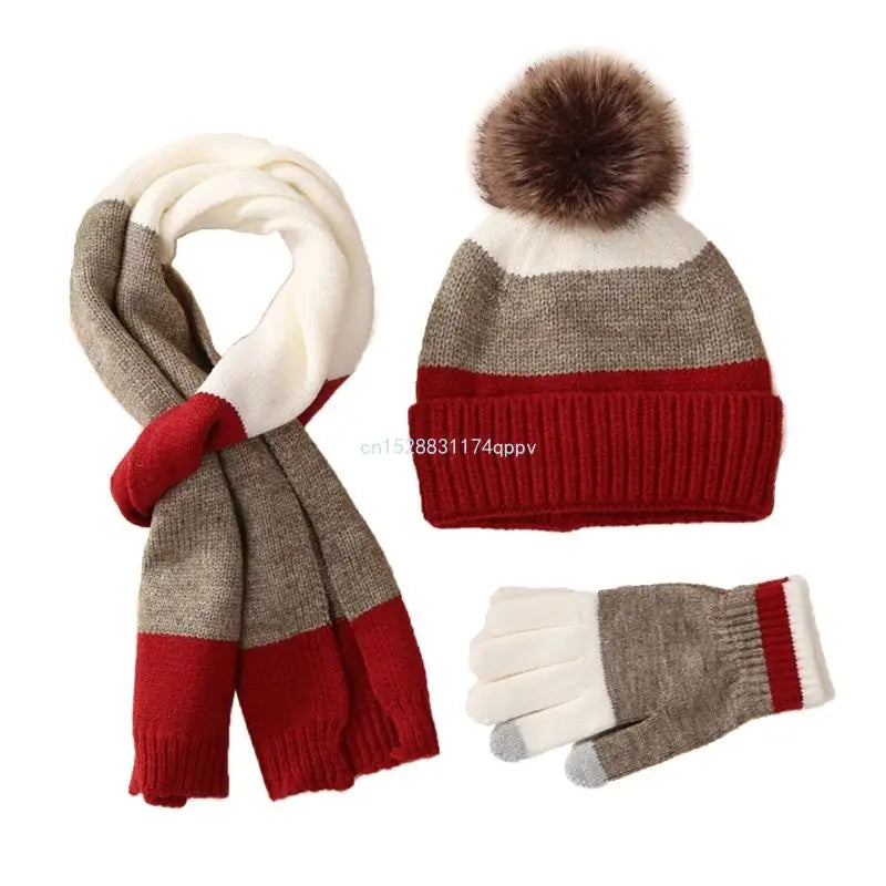 Kids Hat Scarf & Gloves Set Winter Pom