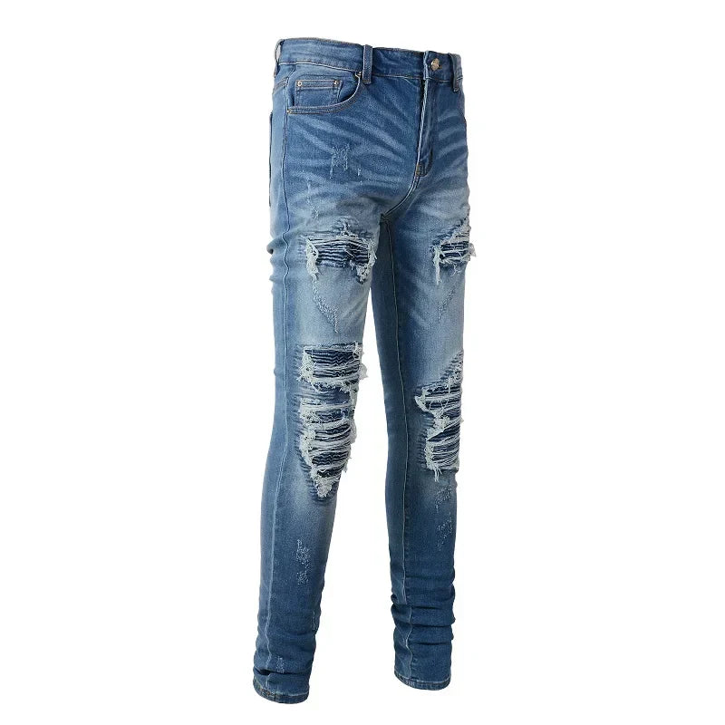 Men Stretch Denim Biker Jeans Classic Blue Pleated