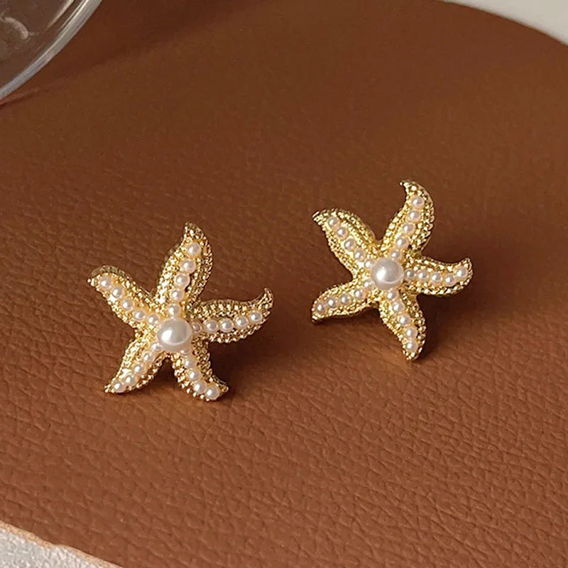 Classic Vintage Pearl Star Metal Starfish Earrings For