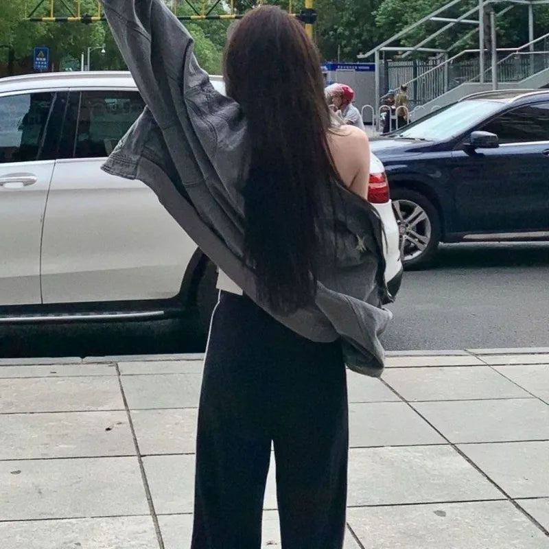 Grey Women Denim Jackets Y2k Cross Crop Hippie