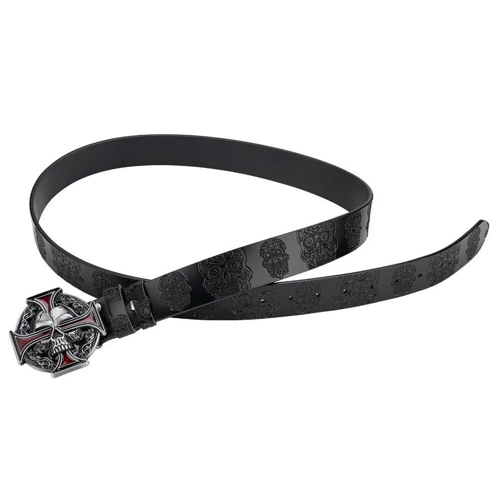 Skull Leather Belt Embossed Pattern Cowskin Fashion Buckle