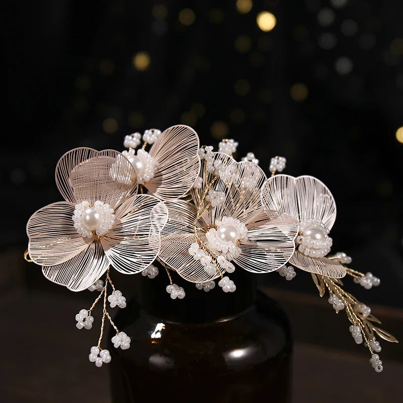 Bride Headbands Tiaras For Women Golden Pearl Flower