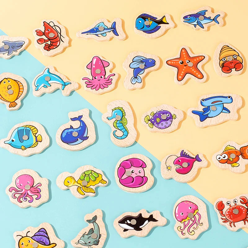 Montessori Wooden Magnetic Fishing Toys Baby Cartoon Marine