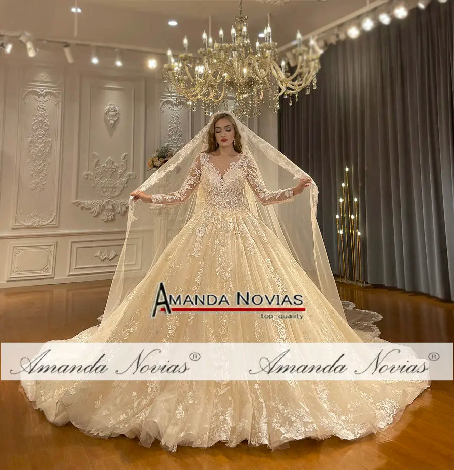 NS4667 Champagne Color Full Lace Wedding Gown With