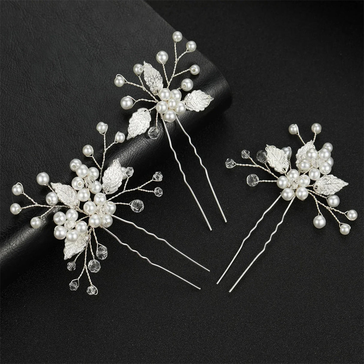 Pearl Flower Hairpin Side Comb Golden Leaf Shaped