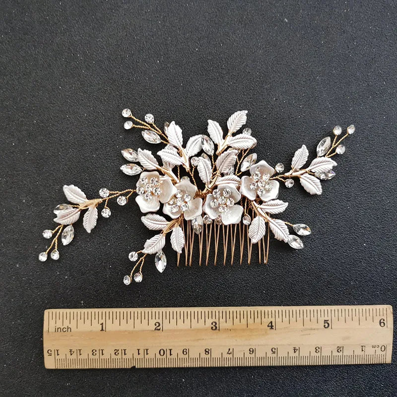 SLBRIDAL Handmade Golden Austrian Crystals Rhinestones Flower Leaf