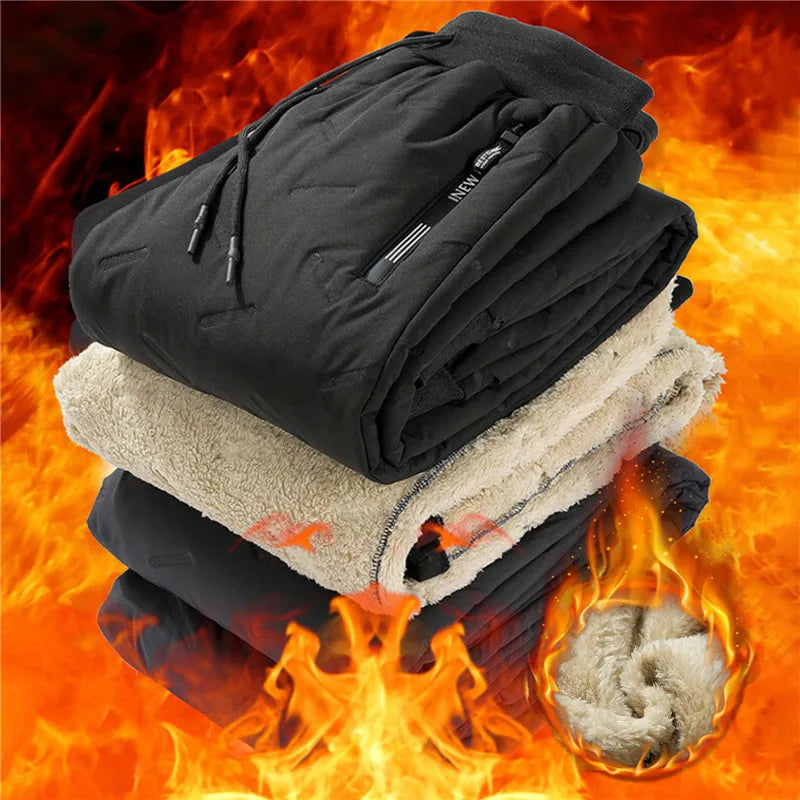 Winter Zip Pockets Thicken Fleece Sweatpants Men Joggers