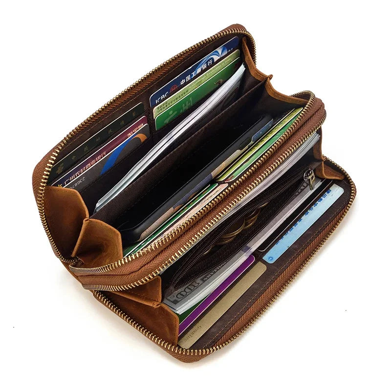 Newsbirds Womens Men s Clutch Wallet Vintage Crazy Horse Leather Zipper Long Wallets Purse for 6" Phone Card Pocket Carteira