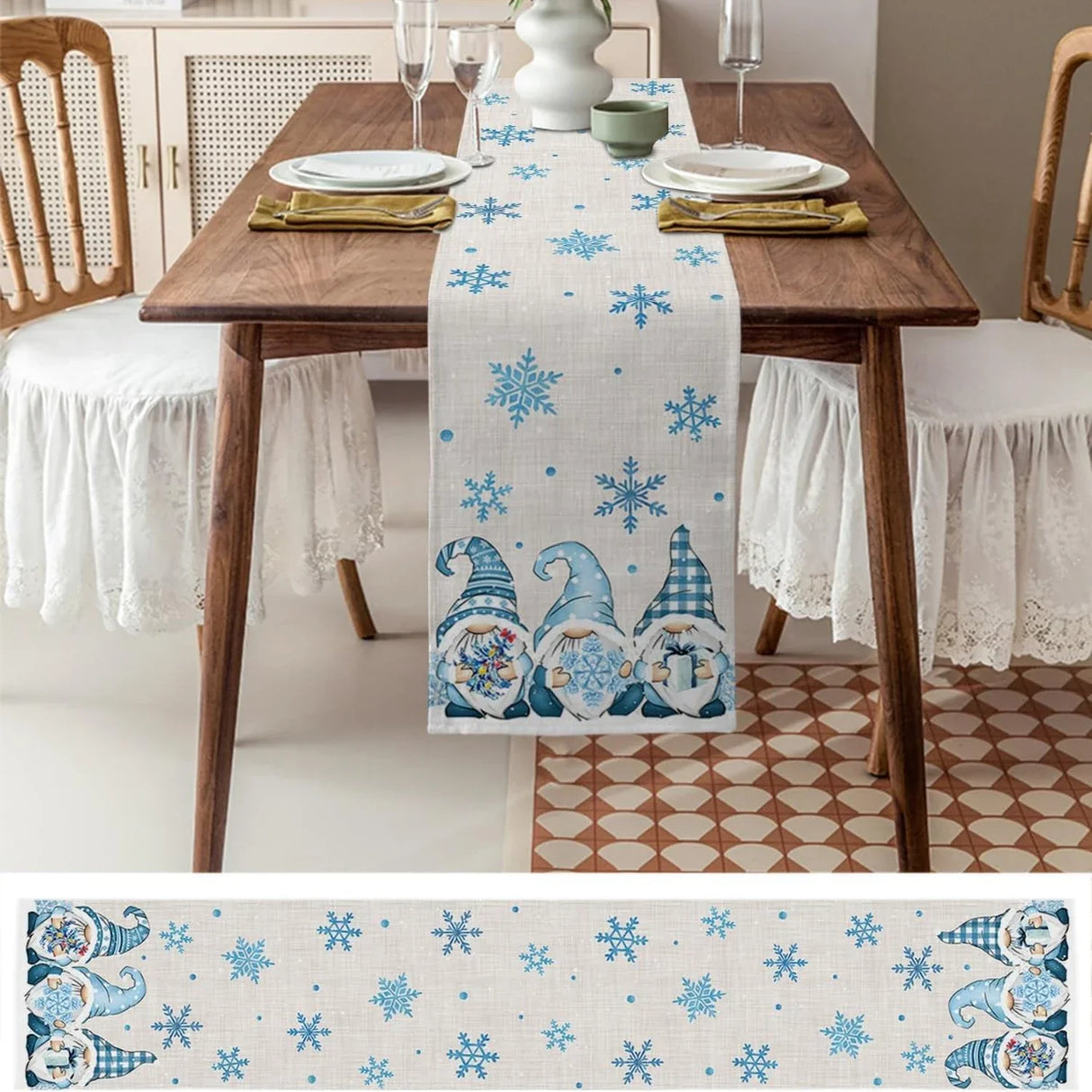 Christmas Blue Gnomes Winter Snowflake Linen Table Runners