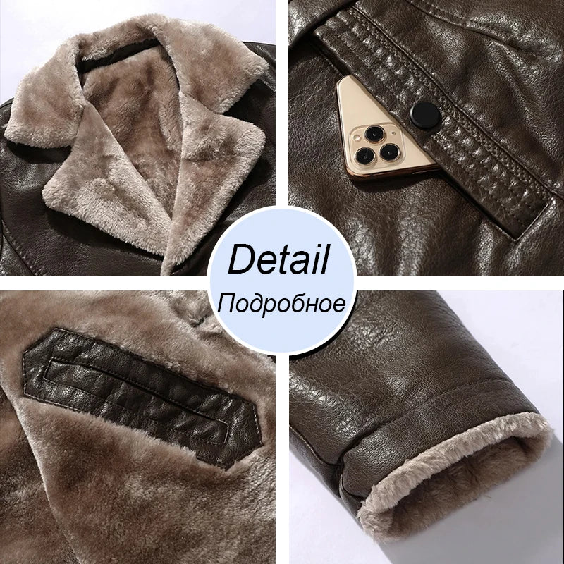 Men Winter Long Thick Fleece PU Leather Jacket
