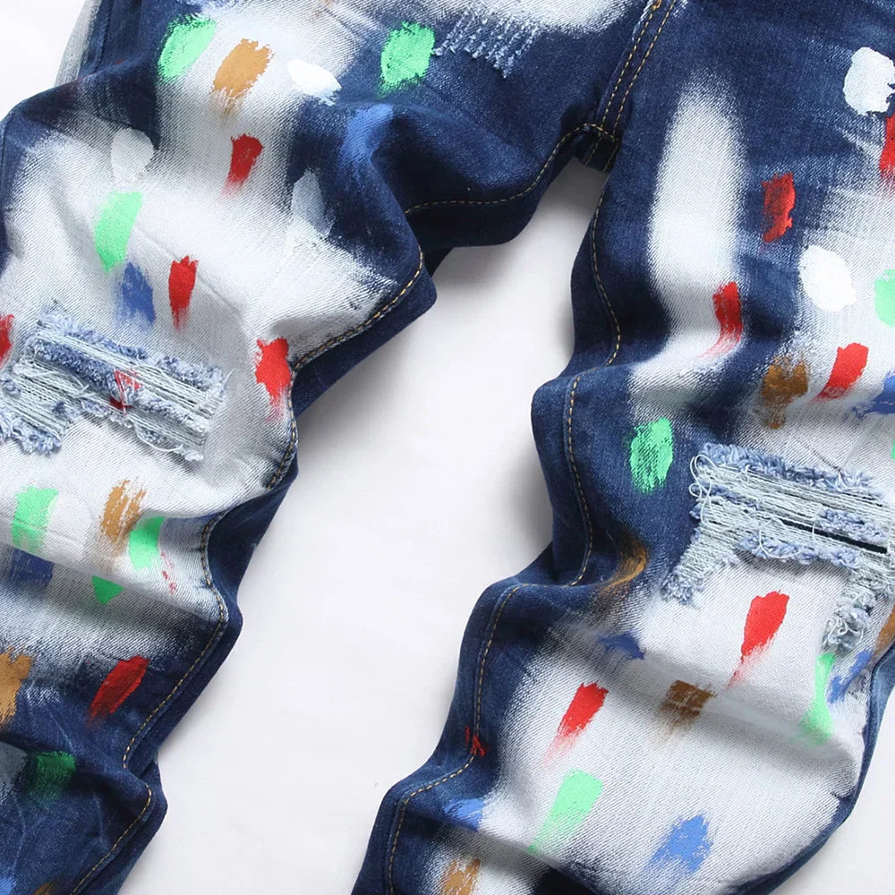 Men Painted Ripped Jeans Streetwear Stretch Denim Slim