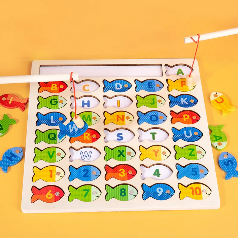 Montessori Baby Wooden Magnetic Fishing Toys Letter Cognition