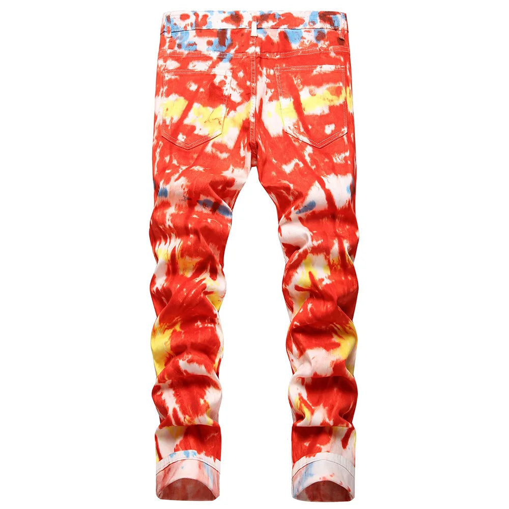 Men Tie Dye Stretch Denim Jeans Fashion Y2K