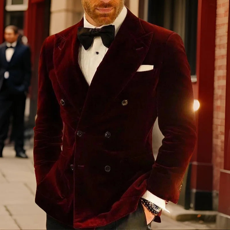 Velvet Smoking Jacket for Men Double Breasted Burgundy