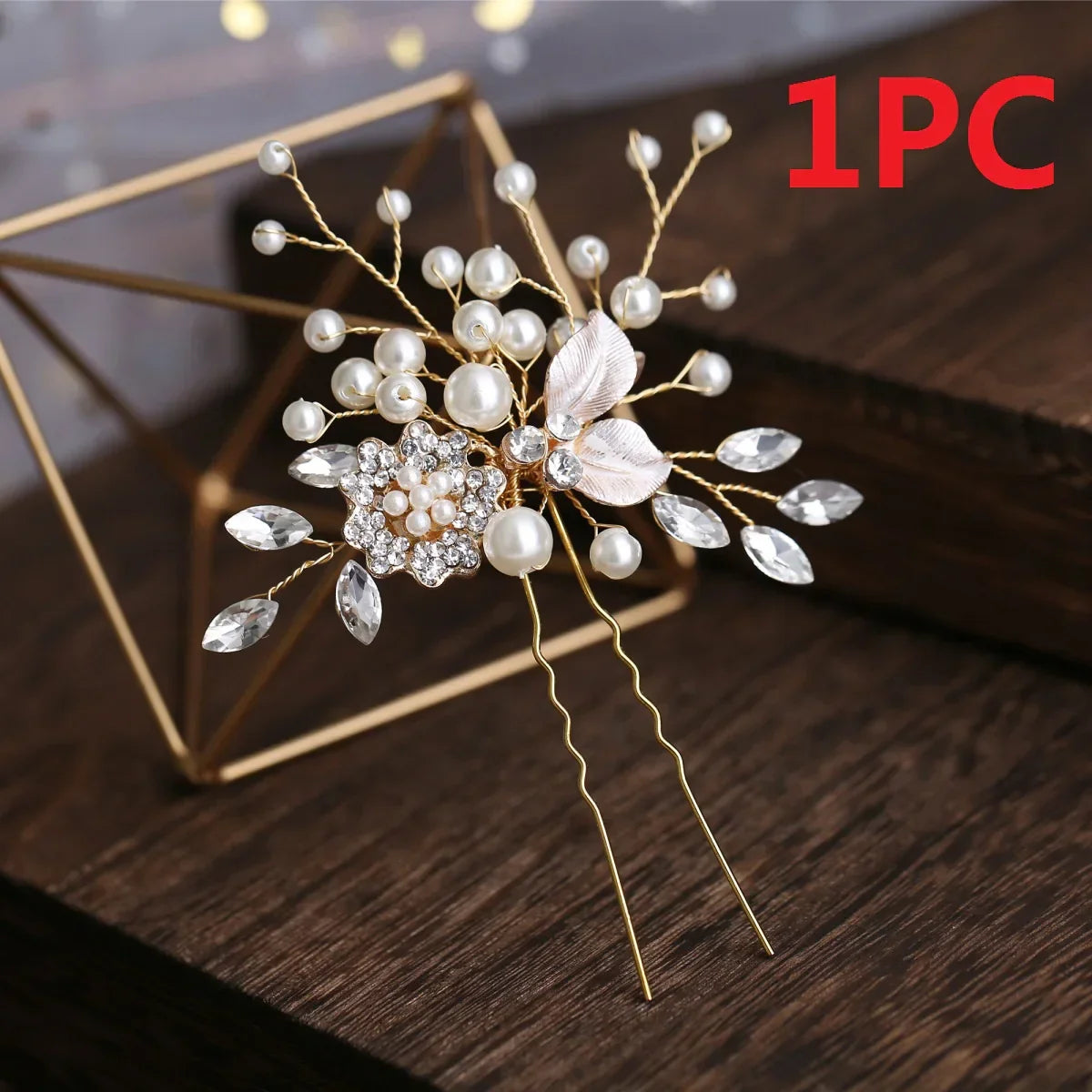 U-shaped Pearl Hairpin Hair Clips Golden Leaf Side