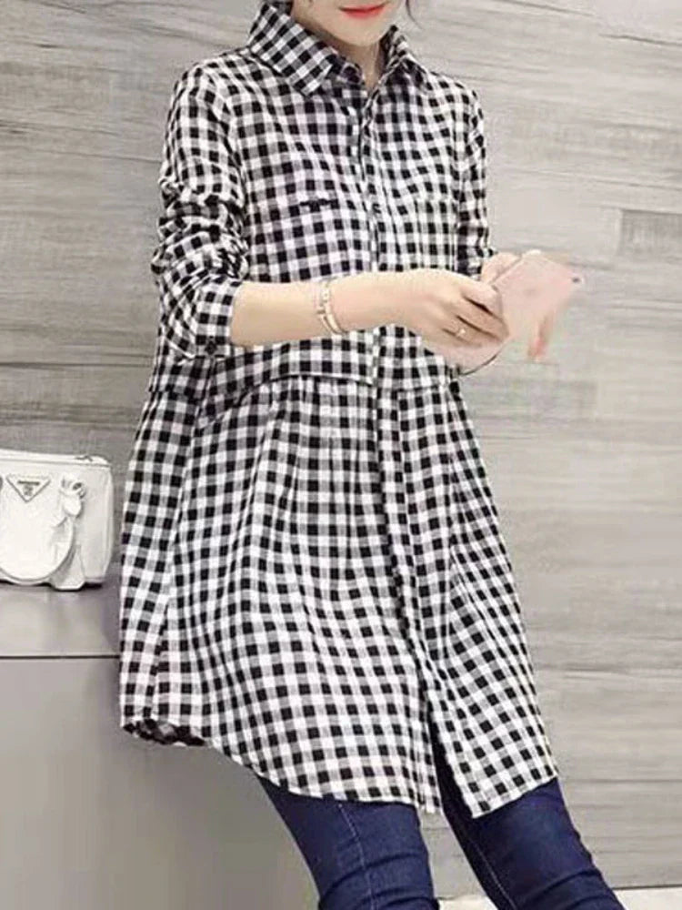 Plus Size New Korean Fashion Blouses Plaid Button