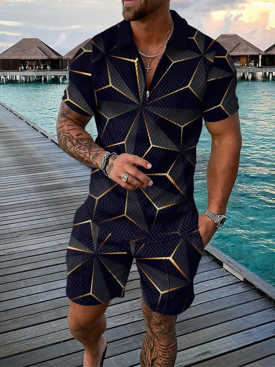 Men's Tracksuit Cotton Solid Color Short Sleeve Zipper