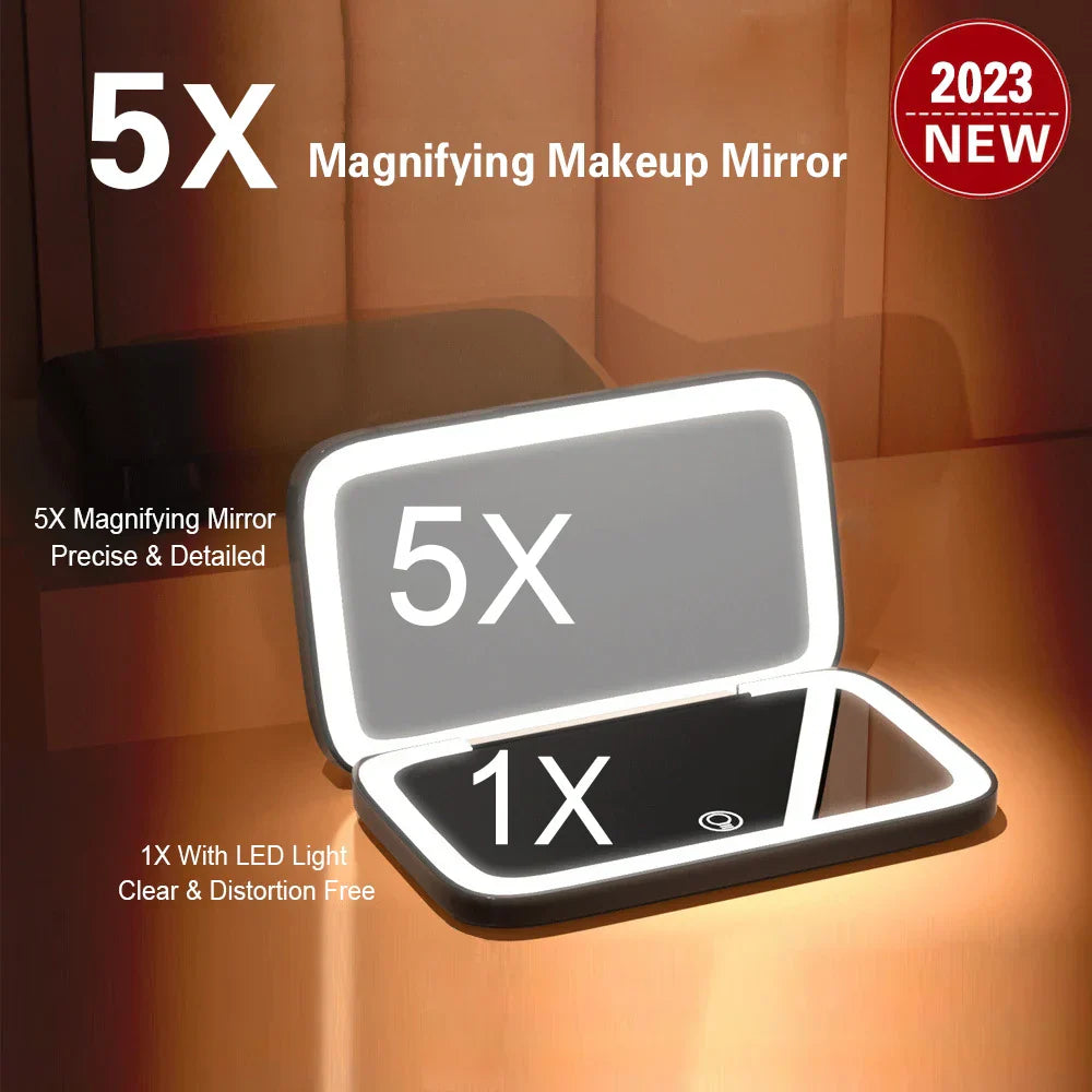 Mini Portable Folding Makeup Mirror With Led Lights 5X Magnifying Compact Pocket Travel Aesthetic Vanity Mirrors Make Up Tools