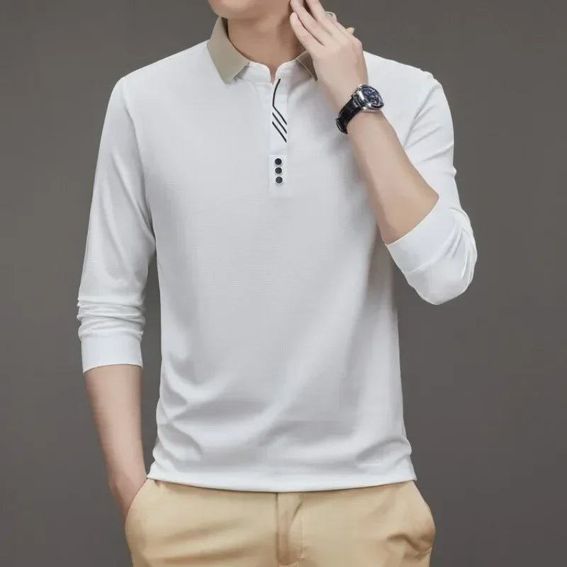 Men's Long Sleeve Turn-down Collar Waffle T-shirt Business