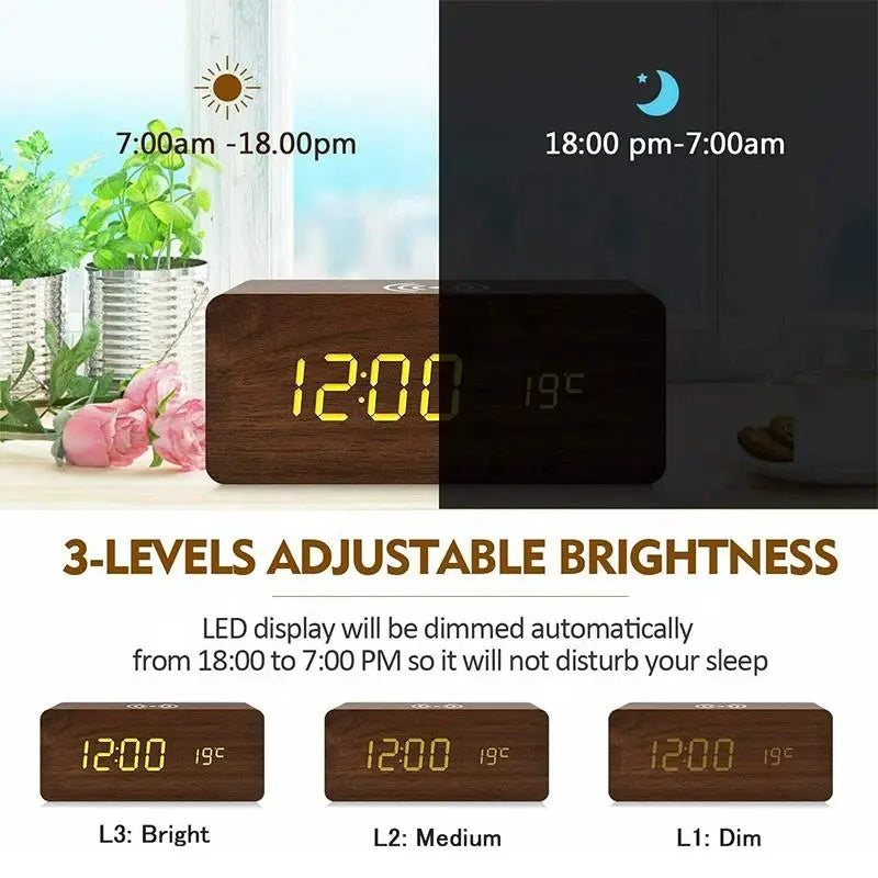 Wooden Digital Alarm Clock with Wireless Charging, LED