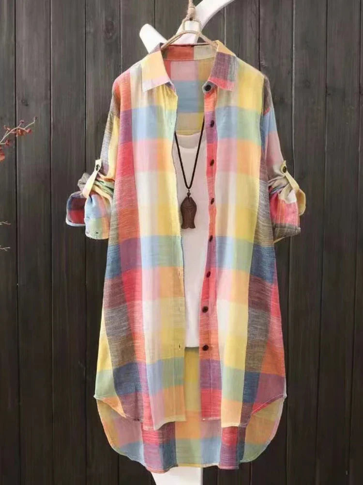Plus Size Loose Plaid Blouse Women Cotton Shirt