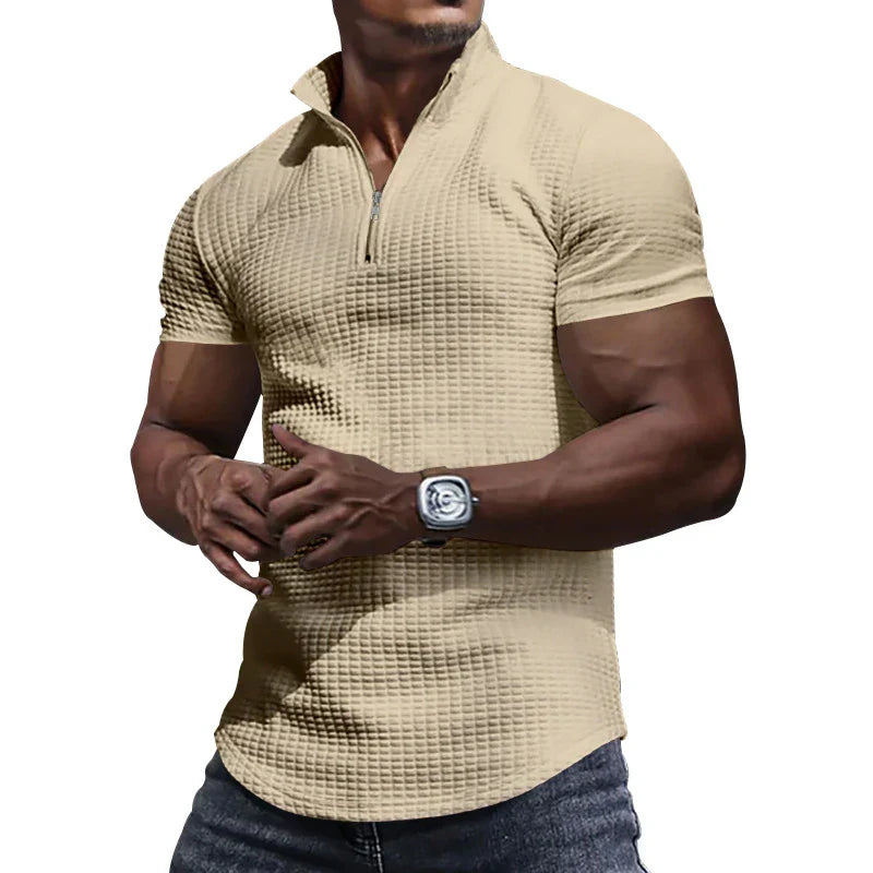 Fashion Waffle Plaid Stand Collar Polo Shirt Men