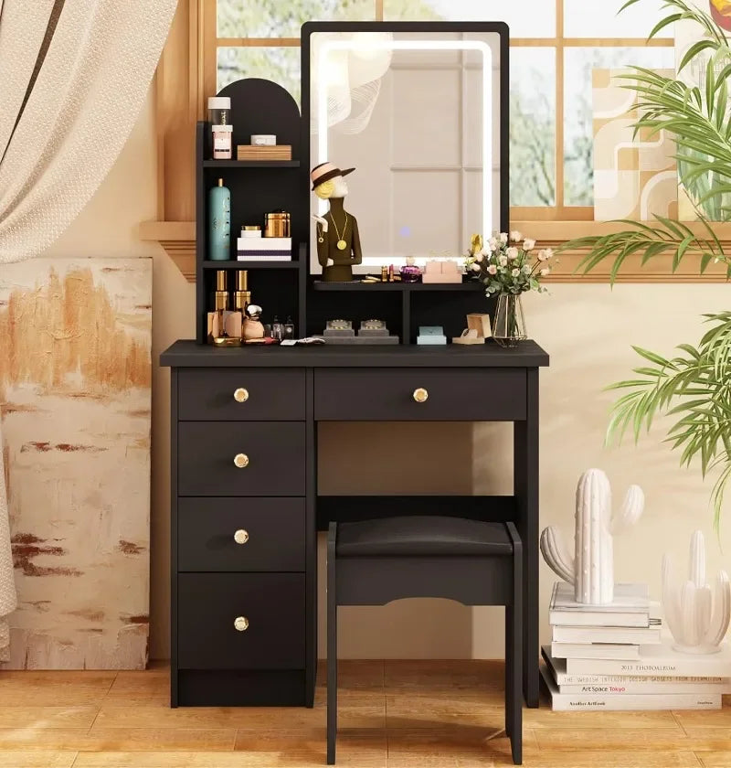 Makeup Vanity Set with Drawer and Shelf, Wood